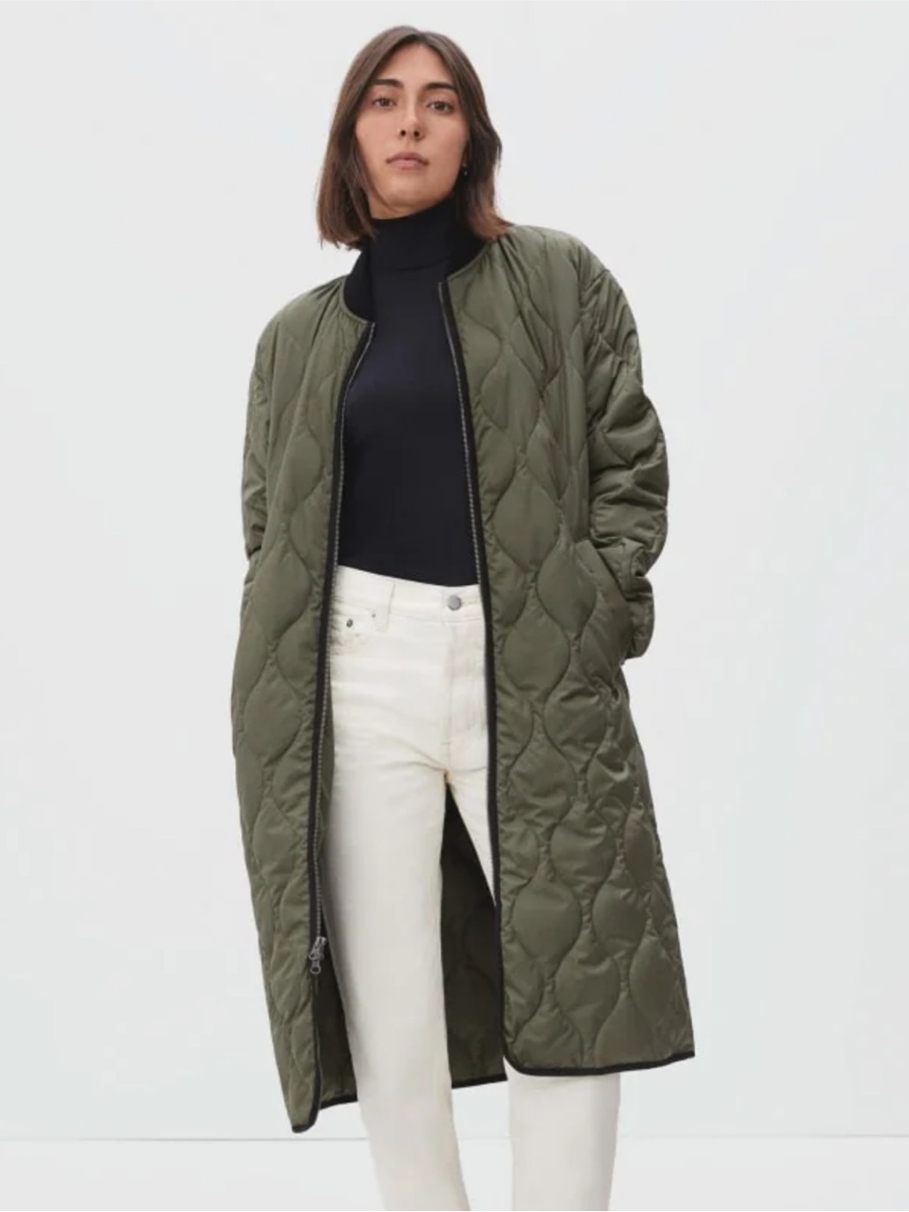 EVERLANE THE RENEW LONG LINER QUILTED FULL ZIP LONG JACKET OLIVE SIZE SMALL
